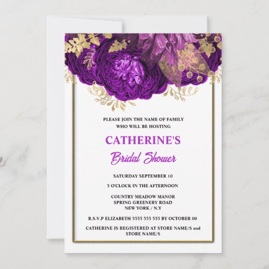 Invitation Douche nuptiale violette or blanc rose (Devant)