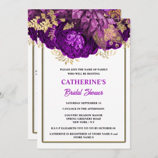 Invitation Douche nuptiale violette or blanc rose (Devant / Derrière)