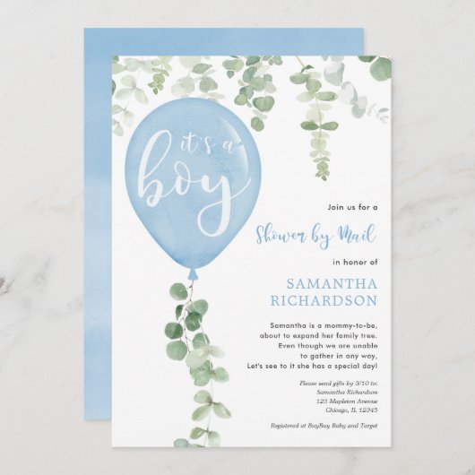 Invitation Douche par baby shower à ballon bleu courrier à eu (Devant / Derrière)