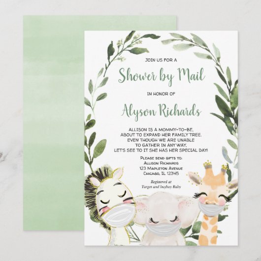 Invitation Douche par courrier Animaux avec baby shower de ma (Devant / Derrière)