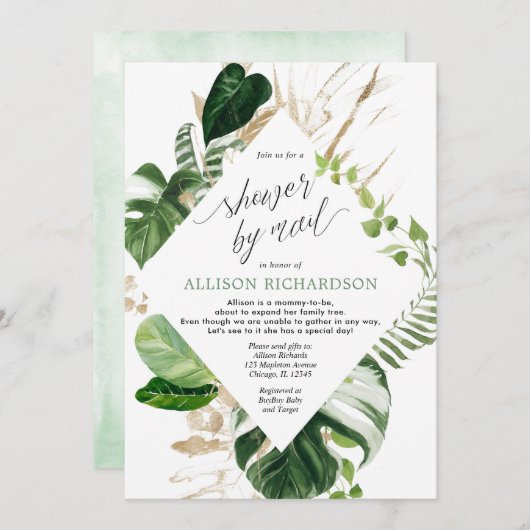 Invitation Douche par courrier baby shower tropical vert or (Devant / Derrière)