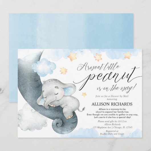 Invitation Douche par courrier bleu baby shower d'éléphant ja (Devant / Derrière)