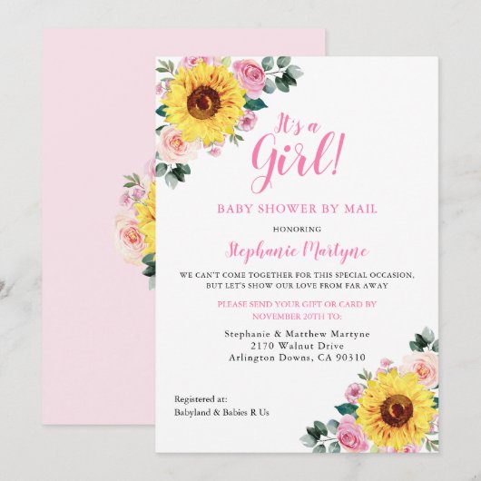 Invitation Douche Par Courrier C'Est Une Fille Tournesol Rose (Devant / Derrière)