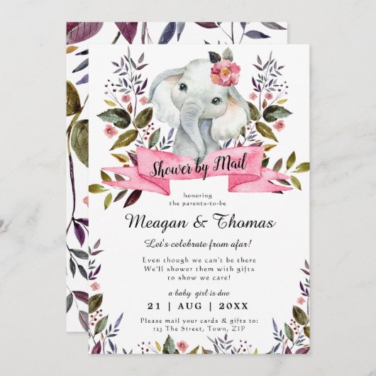 Invitation douche par courrier de baby shower rose éléphant l (Devant / Derrière)