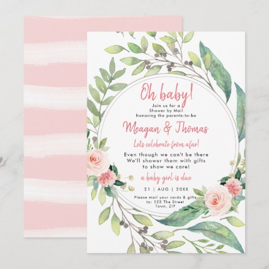 Invitation douche par courrier de baby shower rose lointain (Devant / Derrière)