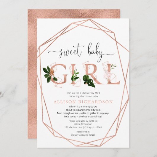 Invitation Douche par courrier doux bébé fille rose or vert (Devant / Derrière)