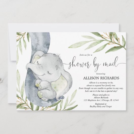 Invitation Douche par courrier, éléphant, baby shower sans di (Devant)
