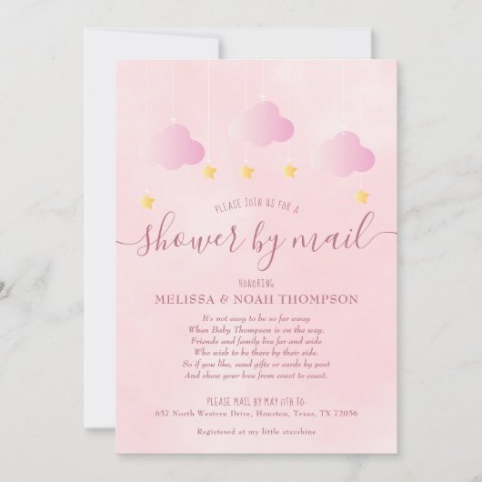 Invitation Douche par courrier longue distance douce rose béb (Devant)