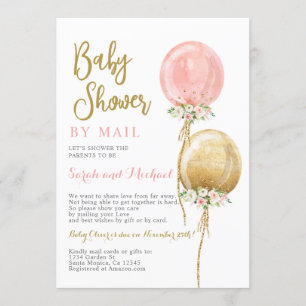 Invitation Douche par courrier rose et or ballons fille