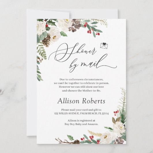 Invitation Douche Par Courrier Script Rustique Hiver Floral F (Devant)