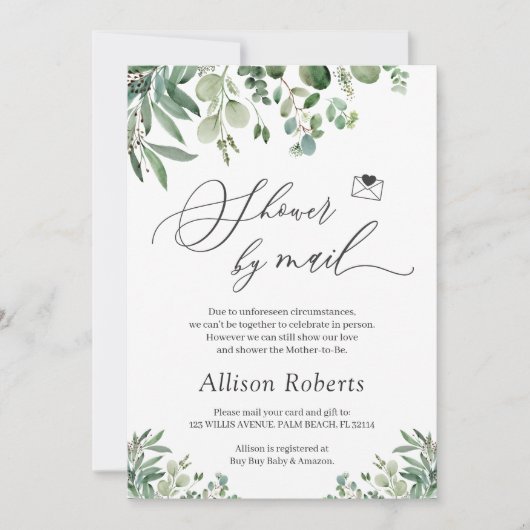Invitation Douche Par Courrier Script Vert Eucalyptus Feuille (Devant)