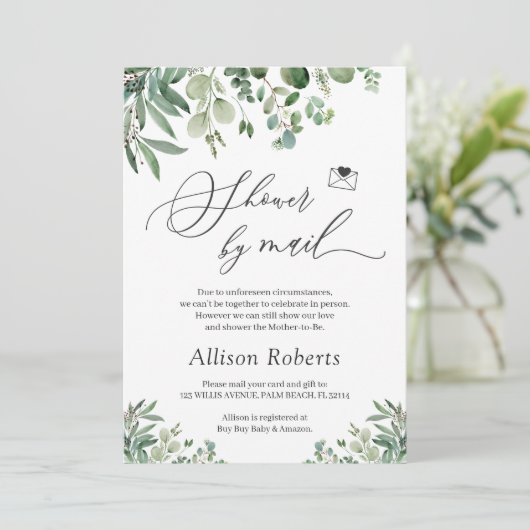 Invitation Douche Par Courrier Script Vert Eucalyptus Feuille (Debout devant)