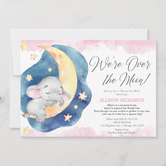 Invitation Douche par courrier sur la lune baby shower fille  (Devant)