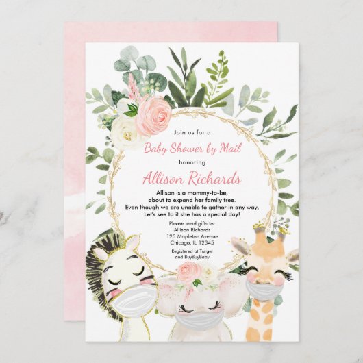 Invitation Douche par courrier vert verdure or fille baby sho (Devant / Derrière)