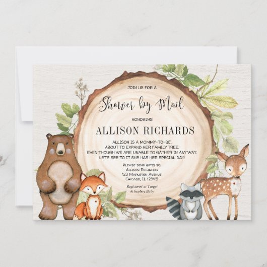 Invitation Douche par la poste baby shower d'animaux de bois (Devant)