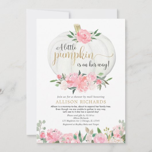 Invitation Douche par la poste fille citrouille blanche or ro (Devant)