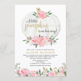 Invitation Douche par la poste fille citrouille blanche or ro
