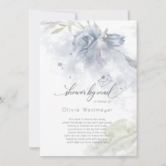 Invitation Douche par Mail Aquarelle bleu Dusty Fleurs Roses (Devant)