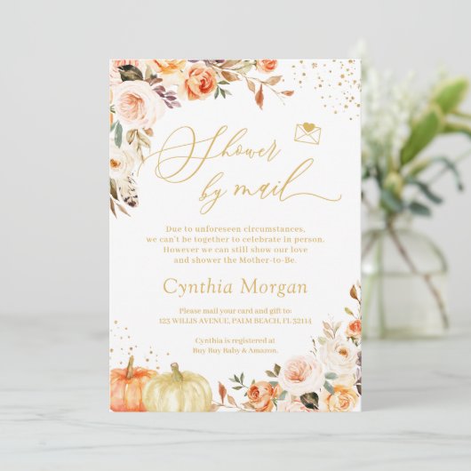 Invitation Douche Par Mail Automne Or Floral Boho Chic (Debout devant)