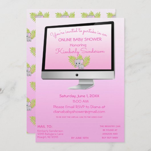 Invitation Douche Par Mail Bébé Fille Rose en ligne (Devant / Derrière)