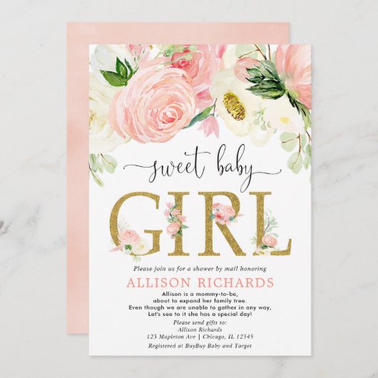 Invitation Douche par mail blush rose or fille baby shower (Devant / Derrière)