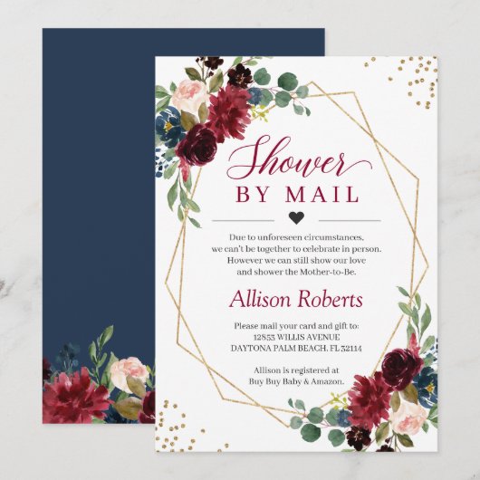 Invitation Douche Par Mail Burgundy Marine Floral Or Géométri (Devant / Derrière)