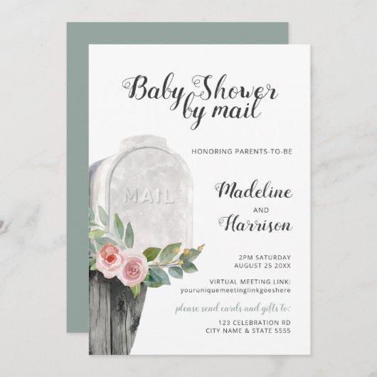 Invitation Douche par Mail Floral Green Virtual Long Distance (Devant / Derrière)