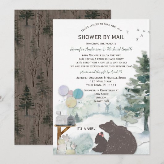 Invitation Douche par Mail Forest Woodland Bear Girl Baby (Devant / Derrière)
