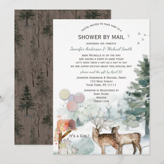 Invitation Douche par Mail Forest Woodland Girl Baby (Devant / Derrière)