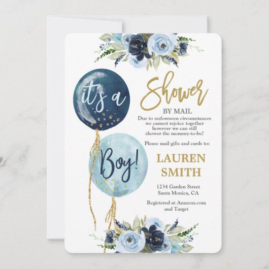 Invitation Douche par Mail Marine bleu ballon baby shower gar (Devant)