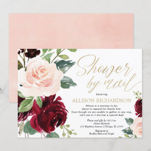 Invitation Douche par mail rose or rose bordeaux floral fille