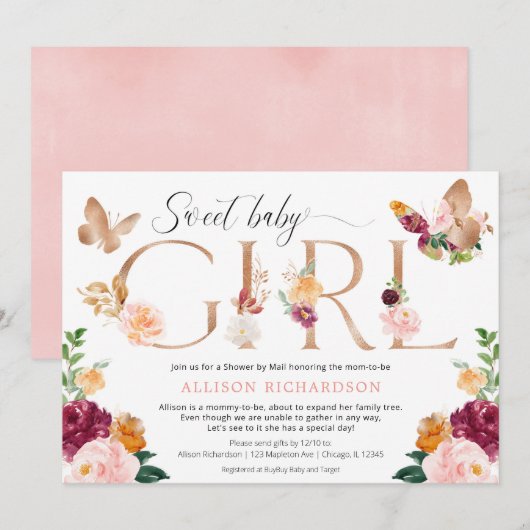 Invitation Douche par papillon postal baby shower floral girl (Devant / Derrière)