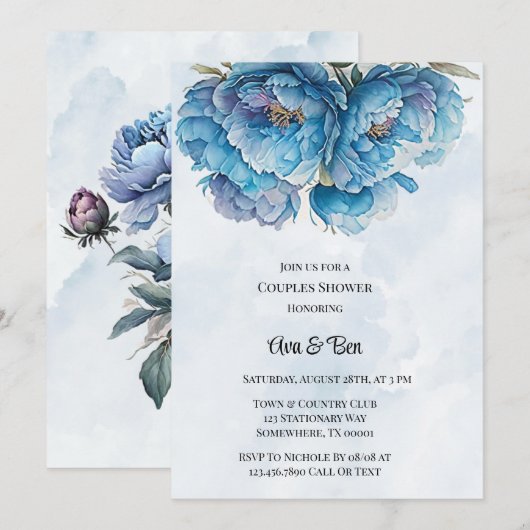Invitation Douche Peony Peony Couples Dusty Navy (Devant / Derrière)
