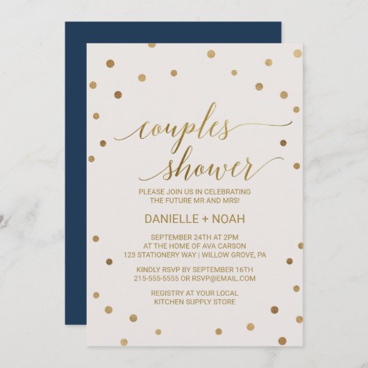 Invitation Douche Pois Gold Couples (Devant / Derrière)