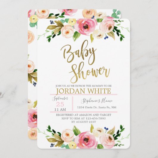 Invitation douche pour bébé à fleurs (Devant / Derrière)