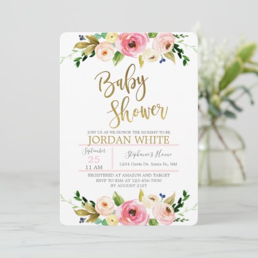 Invitation douche pour bébé à fleurs (Debout devant)