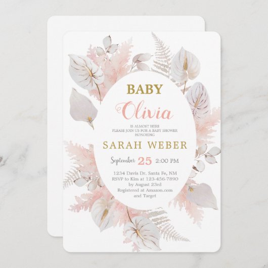 Invitation Douche pour bébé à fleurs à l'anthurium chic Boho (Devant / Derrière)