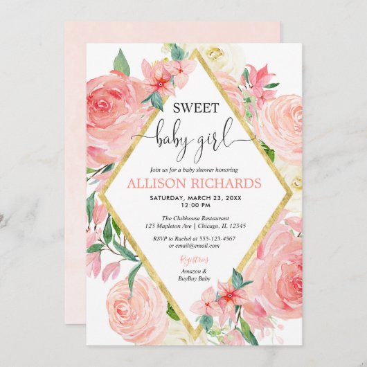 Invitation Douche pour bébé douceur rose et dorée à fleurs (Devant / Derrière)