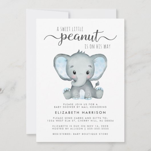 Invitation Douche pour bébé Eléphant mignonne par courrier (Devant)