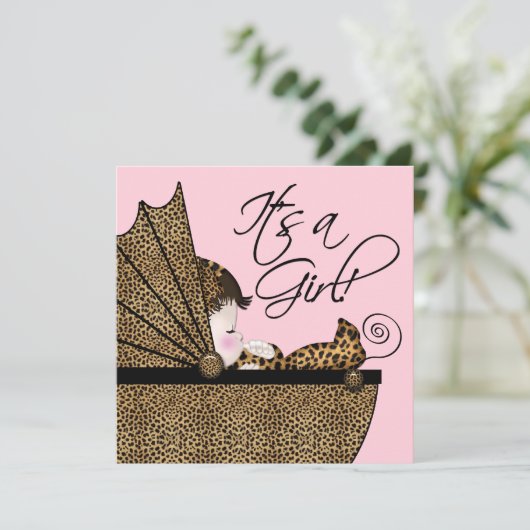 Invitation Douche pour bébé léopard rose (Debout devant)