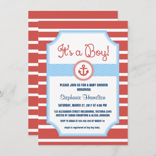 Invitation Douche pour bébé nautique à ancre (Devant / Derrière)