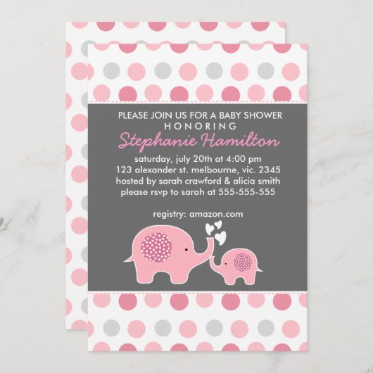 Invitation Douche pour bébé pois à éléphant personnalisé (Devant / Derrière)