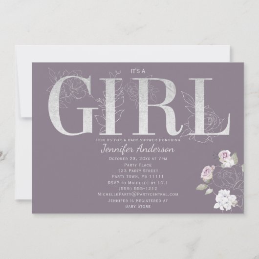 Invitation Douche pour bébé Rose d'argent violet (Devant)
