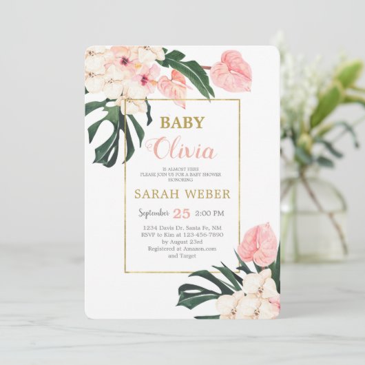 Invitation Douche pour bébé rose tropical (Debout devant)