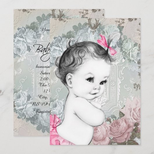 Invitation Douche pour bébé rose vintage (Devant / Derrière)