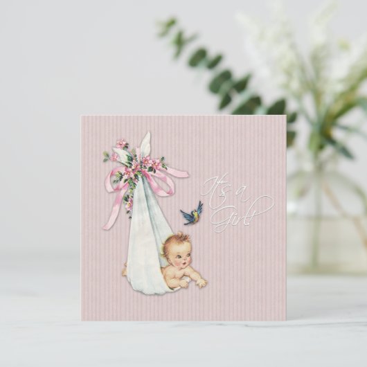 Invitation Douche pour bébé rose vintage (Debout devant)
