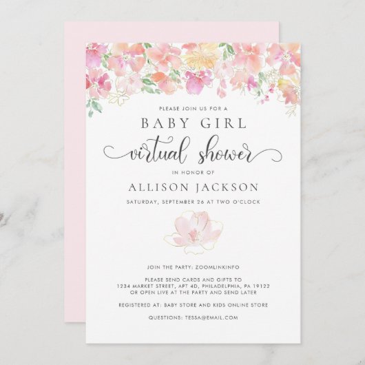 Invitation Douche pour bébé virtuelle | Corail rose or Floral (Devant / Derrière)