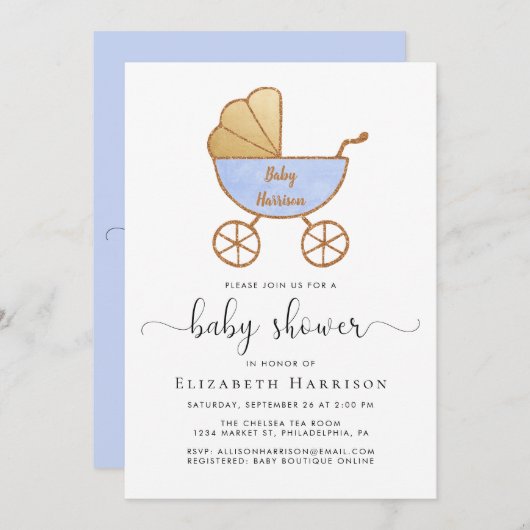 Invitation Douche pour bébés avec option bleue virtuelle (Devant / Derrière)