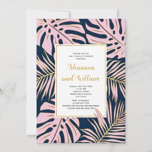 Invitation Douche pour couple de mariages de marine feuille r (Devant)
