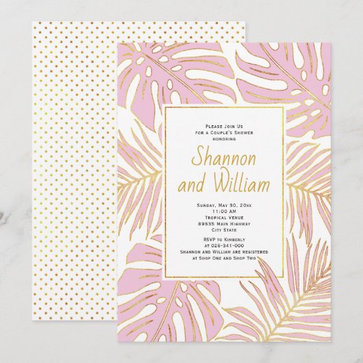 Invitation Douche pour couple feuilles tropicaux roses (Devant / Derrière)